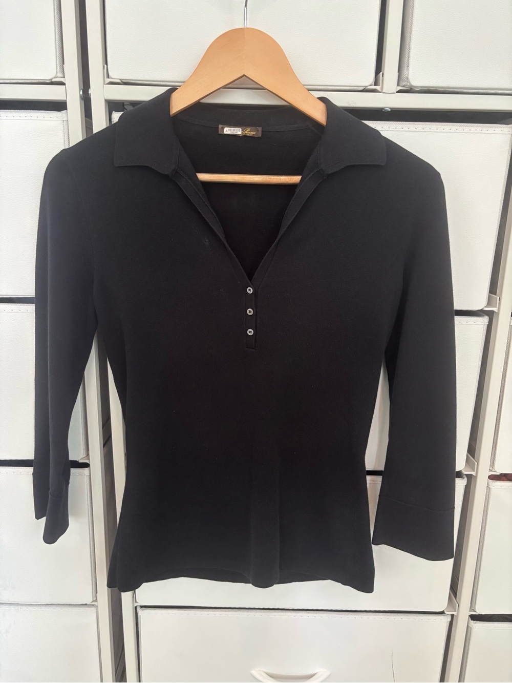 Loro Piana Cotton 3/4 Sleeve Black Button-Down Polo Shirt - Classic Collared Top